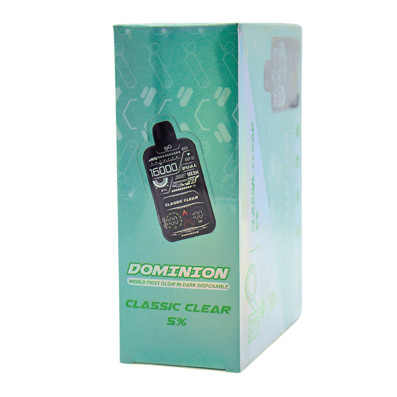 EVO DOMINION DISPOSABLE 16000PF CLASSIC CLEAR 5% -BOX OF 5 (GLOW IN DARK)