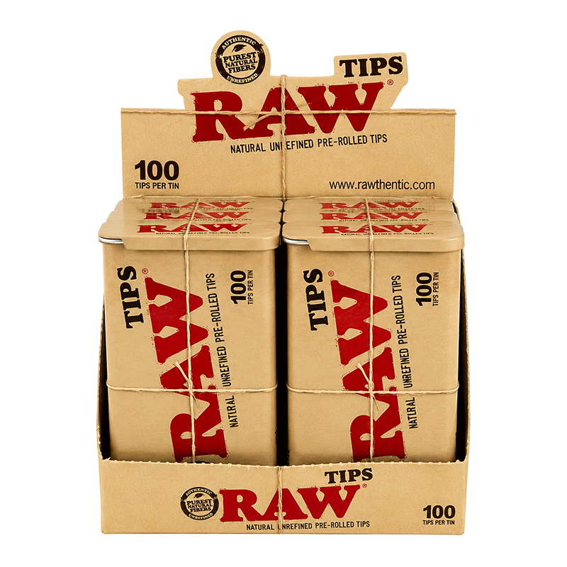 RAW TIPS PRE-ROLLED - 6 TINS PER BOX (100 TIPS PER TIN)
